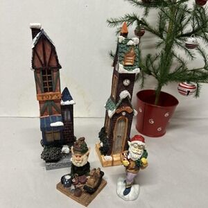 Christmas Village‎ 4 Pieces, Two Pencil Houses, Two Elves, Resin,  Display